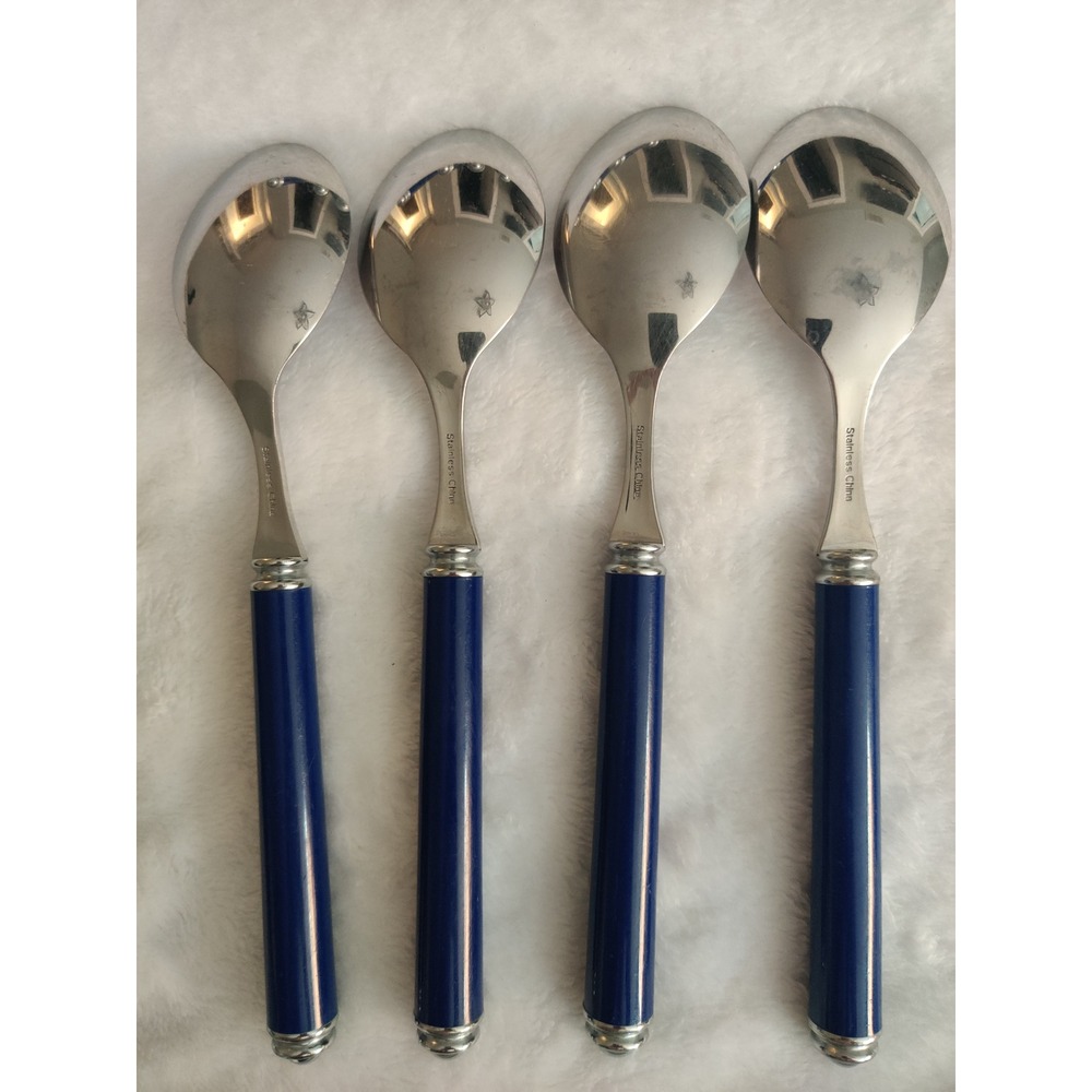 Vintage Oxford Hall Fashion Wear Blue Flatware Set of 4 Tablespoons Soup Spoons